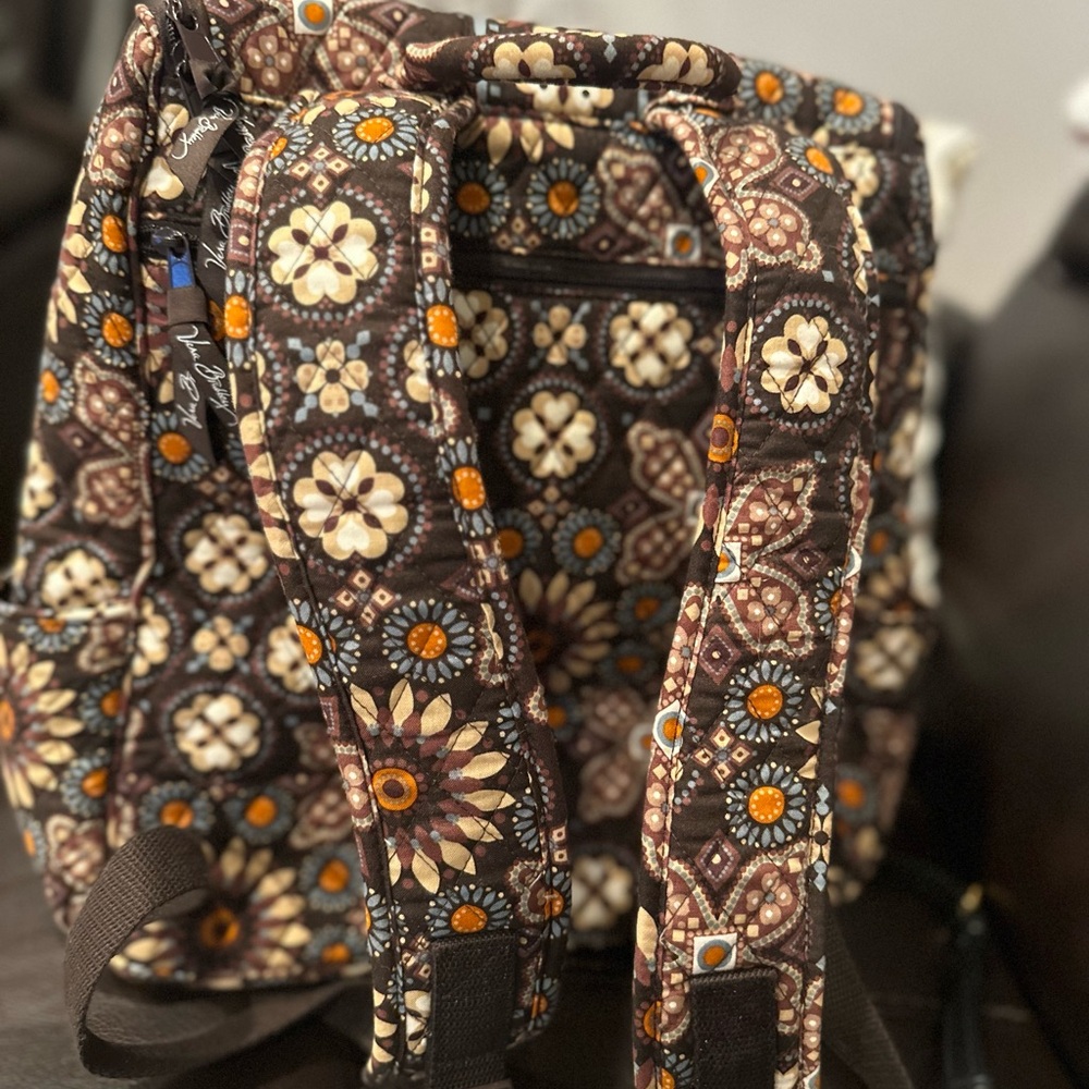 Vera Bradley Brown and Cream Floral Backpack Double Zip - Picture 3 of 6